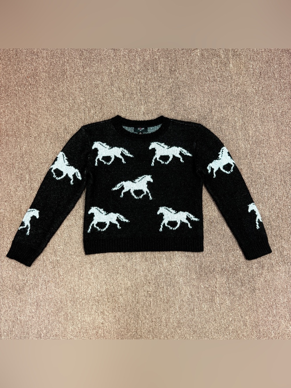 Child’s Large Black/White In Girl Horse Pattern Sweater Top